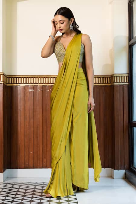 Shop Mehak Sharma Green Satin Embroidery Sweetheart Solid Pre Draped Saree With Embellished Blouse Online at Aza Fashions Shop_Mehak Sharma_Green Satin Embroidery Sweetheart Solid Pre Draped Saree With Embellished Blouse _Online_at_Aza_Fashions