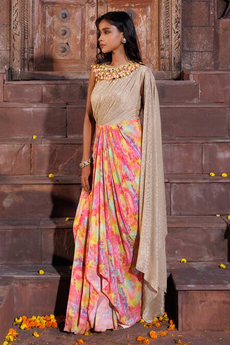 Buy_Elena Singh_Gold Crepe Sequins, Beads One Multi Color Draped Saree Gown With Neckpiece _Online_at_Aza_Fashions