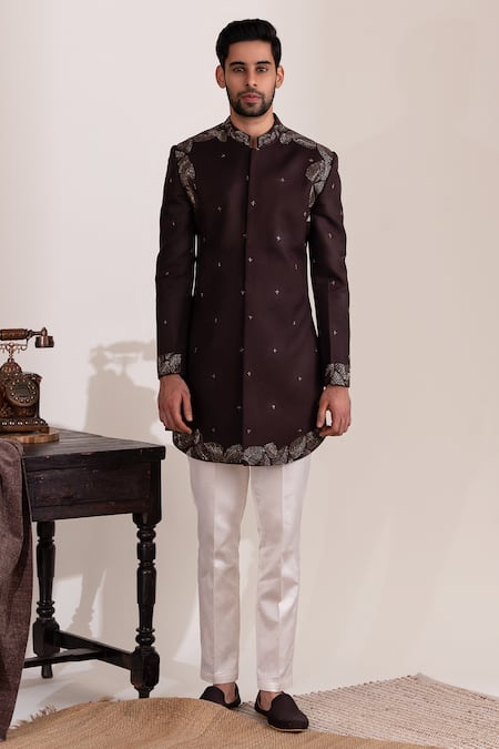 Tira by Naresh Raj Brown Moss Crepe Embroidered Thread Sherwani And Pant Set 