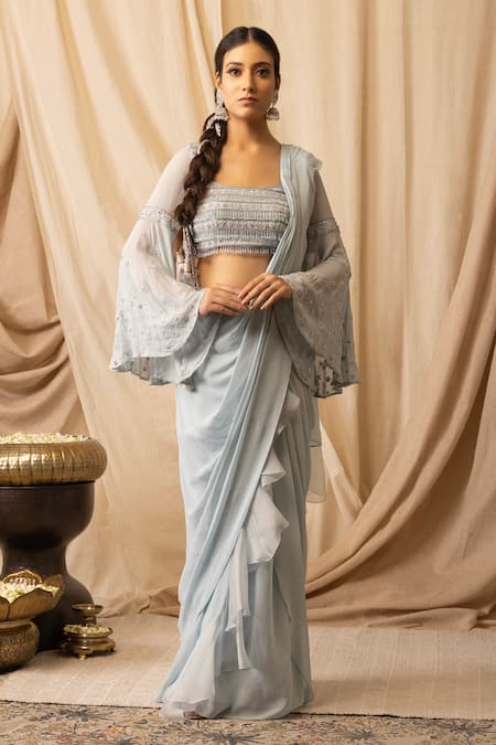 Buy_Deepika Chopra_Blue Georgette, Satin Embroidery, Light Sky Pre-draped Saree With Blouse_Online_at_Aza_Fashions