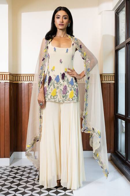 Mehak Sharma Cream Organza, Georgette Cut Work, Sequins, Floral Bloom Kurta Sharara Set at Aza Fashions Mehak Sharma_Cream Organza, Georgette Cut Work, Sequins, Floral Bloom Kurta Sharara Set _at_Aza_Fashions