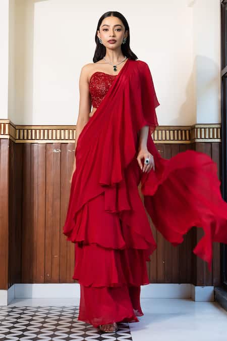 MEHAK SHARMA Red Net Embellished Pearl Solid Pre Draped Ruffle Saree With Embroidered Blouse
