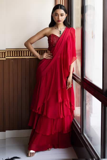 Mehak Sharma Red Organza, Net, Crepe, Solid Pre Draped Ruffle Saree With Embroidered Blouse at Aza Fashions Mehak Sharma_Red Organza, Net, Crepe, Solid Pre Draped Ruffle Saree With Embroidered Blouse _at_Aza_Fashions