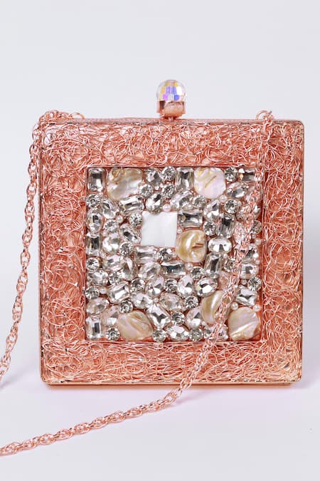 The Tan Clan_Pink Stones, Pearls Aafreen Hand Embellished Clutch _Online_at_Aza_Fashions