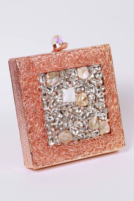 Shop_The Tan Clan_Pink Stones, Pearls Aafreen Hand Embellished Clutch _Online_at_Aza_Fashions