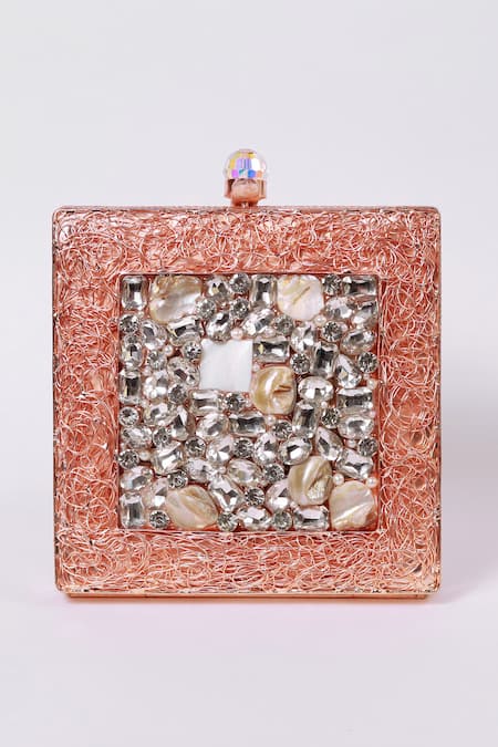 The Tan Clan_Pink Stones, Pearls Aafreen Hand Embellished Clutch _at_Aza_Fashions