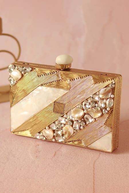 The Tan Clan_Gold Embroidery, Crystals Aisha Embellished Mother Of Pearl Clutch _Online_at_Aza_Fashions