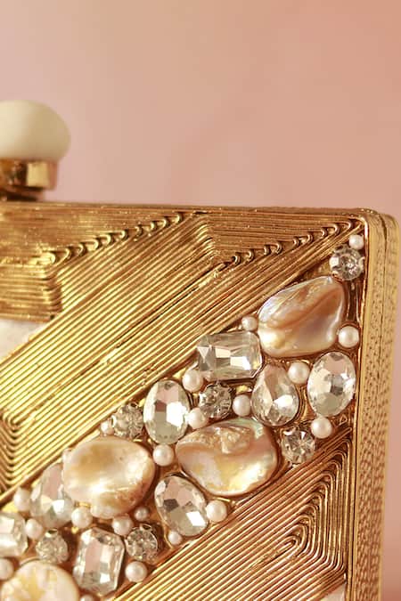 Buy_The Tan Clan_Gold Embroidery, Crystals Aisha Embellished Mother Of Pearl Clutch _Online_at_Aza_Fashions