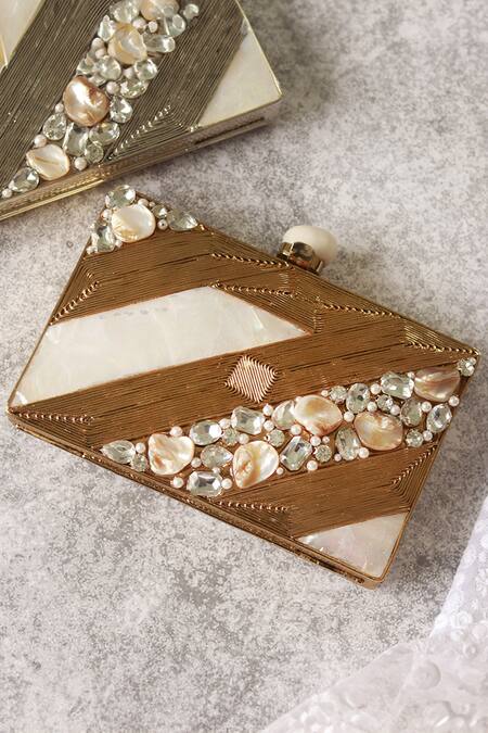Shop_The Tan Clan_Gold Embroidery, Crystals Aisha Embellished Mother Of Pearl Clutch _Online_at_Aza_Fashions