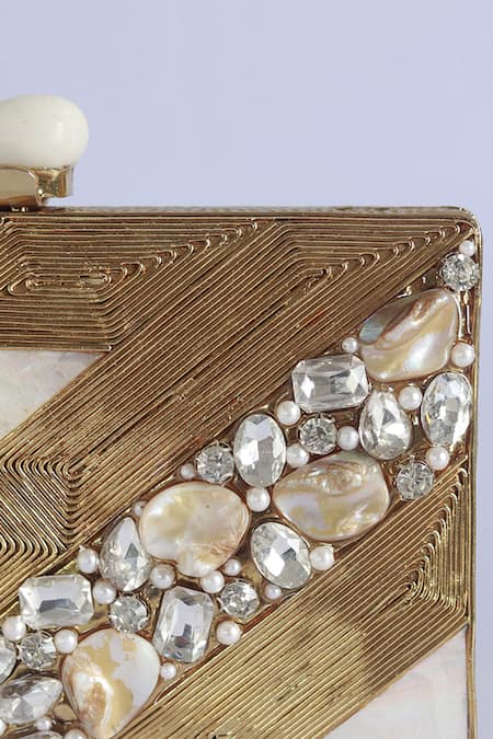 Buy_The Tan Clan_Gold Embroidery, Crystals Aisha Embellished Mother Of Pearl Clutch 