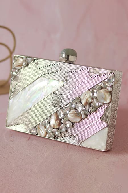 The Tan Clan_Silver Embroidery, Crystals, Pearls Aisha Mother Of Embellished Clutch _Online_at_Aza_Fashions