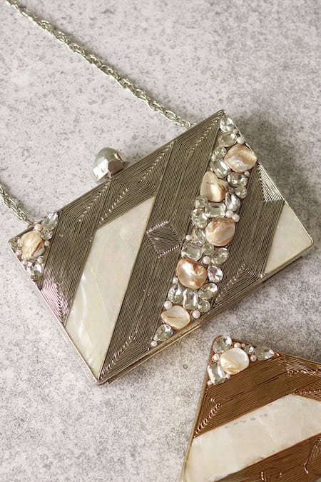 Buy_The Tan Clan_Silver Embroidery, Crystals, Pearls Aisha Mother Of Embellished Clutch _Online_at_Aza_Fashions