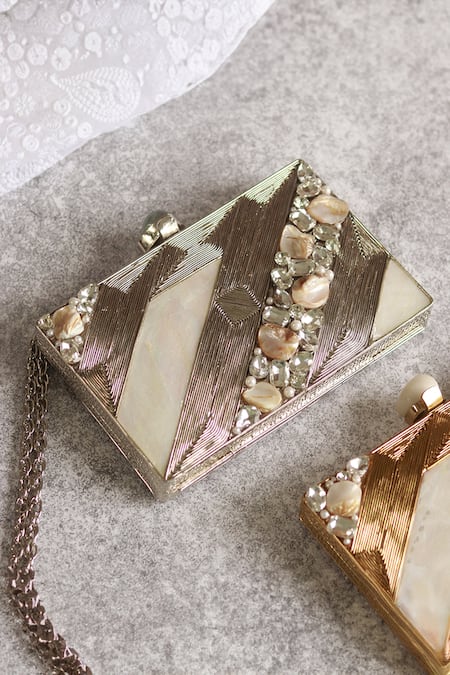 Shop_The Tan Clan_Silver Embroidery, Crystals, Pearls Aisha Mother Of Embellished Clutch _Online_at_Aza_Fashions