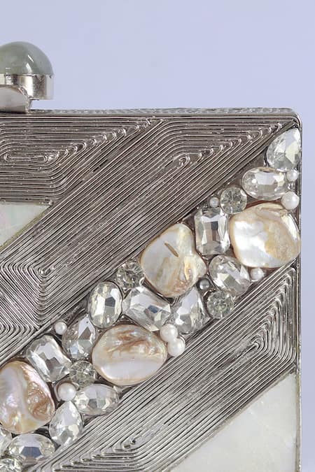 The Tan Clan_Silver Embroidery, Crystals, Pearls Aisha Mother Of Embellished Clutch _at_Aza_Fashions