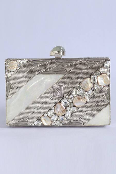 Buy_The Tan Clan_Silver Embroidery, Crystals, Pearls Aisha Mother Of Embellished Clutch 