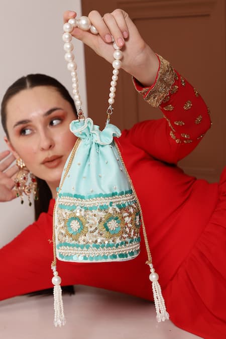 Buy_The Tan Clan_Blue Embroidery, Beads Ama Pearl Handle Potli Bag _Online_at_Aza_Fashions