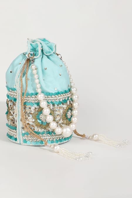 Shop_The Tan Clan_Blue Embroidery, Beads Ama Pearl Handle Potli Bag _Online_at_Aza_Fashions