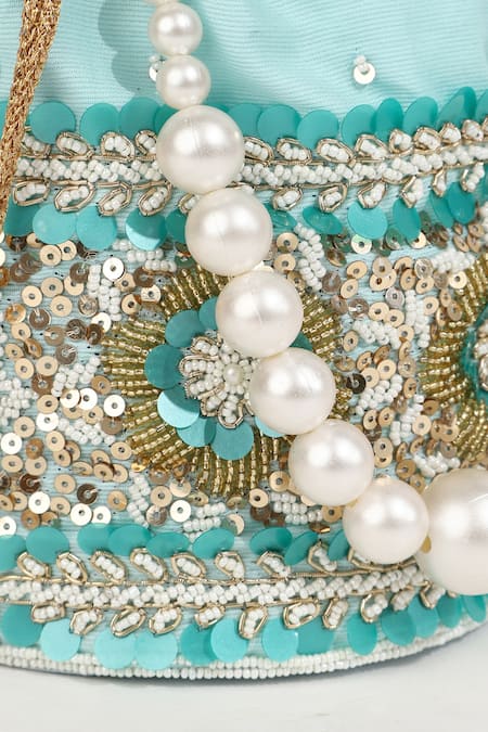 The Tan Clan_Blue Embroidery, Beads Ama Pearl Handle Potli Bag _at_Aza_Fashions