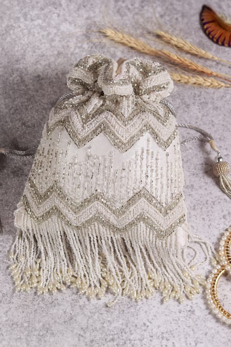 Shop The Tan Clan White Beads, Sequins Amaal Beaded Tassel Potli Bag at Aza Fashions Shop_The Tan Clan_White Beads, Sequins Amaal Beaded Tassel Potli Bag _at_Aza_Fashions