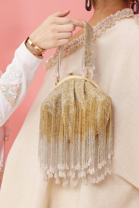 The Tan Clan_Gold Embroidery Amour Tassel Batua Bag _Online_at_Aza_Fashions