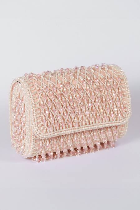 Shop_The Tan Clan_Pink Embroidery Blush Flap Over Clutch Bag _Online_at_Aza_Fashions