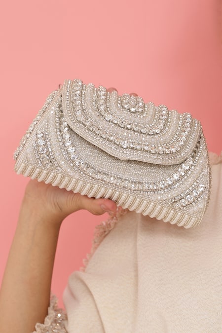 The Tan Clan_White Embroidery, Rhinestones, Pearls Chloe Flap Over Clutch Bag _Online_at_Aza_Fashions