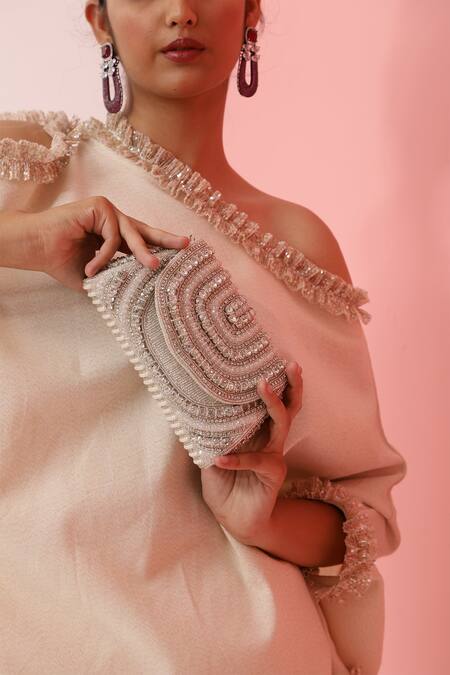 Buy_The Tan Clan_White Embroidery, Rhinestones, Pearls Chloe Flap Over Clutch Bag _Online_at_Aza_Fashions