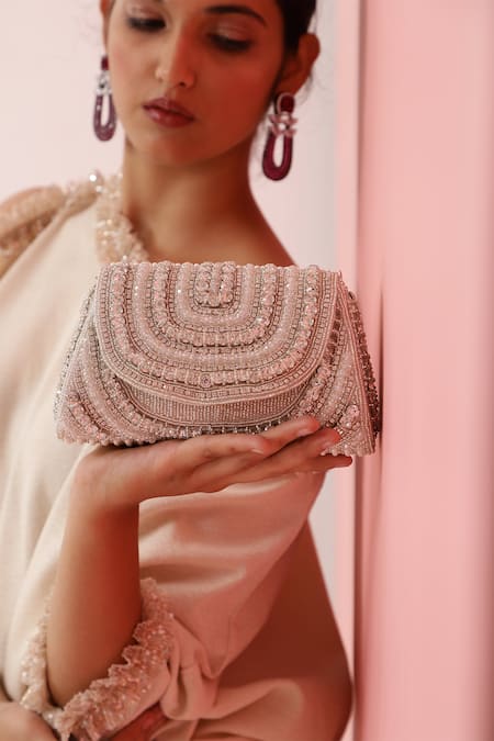 Shop_The Tan Clan_White Embroidery, Rhinestones, Pearls Chloe Flap Over Clutch Bag _Online_at_Aza_Fashions