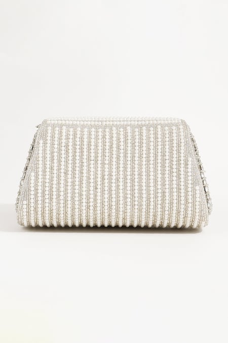 Buy_The Tan Clan_White Embroidery, Rhinestones, Pearls Chloe Flap Over Clutch Bag 
