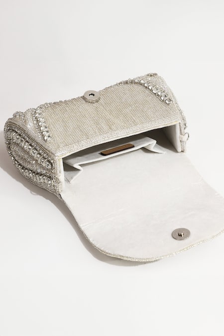 Shop_The Tan Clan_White Embroidery, Rhinestones, Pearls Chloe Flap Over Clutch Bag 