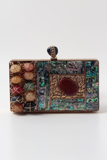 The Tan Clan_Multi Color Embroidery Disha Mother Of Pearl Clutch _Online_at_Aza_Fashions