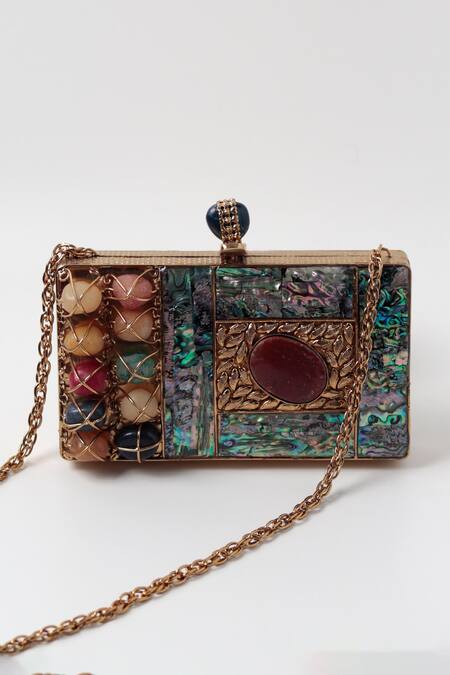 Shop_The Tan Clan_Multi Color Embroidery Disha Mother Of Pearl Clutch _Online_at_Aza_Fashions