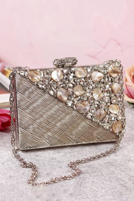 The Tan Clan Silver Embellished Eira Clutch 