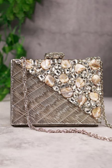 Shop The Tan Clan Silver Embellished Eira Clutch at Aza Fashions Shop_The Tan Clan_Silver Embellished Eira Clutch _at_Aza_Fashions