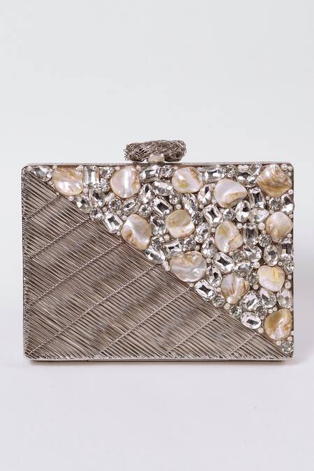 The Tan Clan Silver Embellished Eira Clutch Online at Aza Fashions The Tan Clan_Silver Embellished Eira Clutch _Online_at_Aza_Fashions