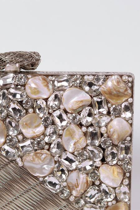 Shop The Tan Clan Silver Embellished Eira Clutch Online at Aza Fashions Shop_The Tan Clan_Silver Embellished Eira Clutch _Online_at_Aza_Fashions