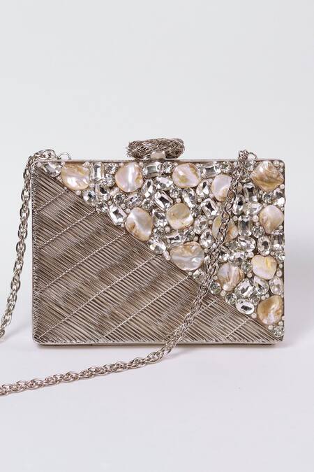 The Tan Clan Silver Embellished Eira Clutch at Aza Fashions The Tan Clan_Silver Embellished Eira Clutch _at_Aza_Fashions