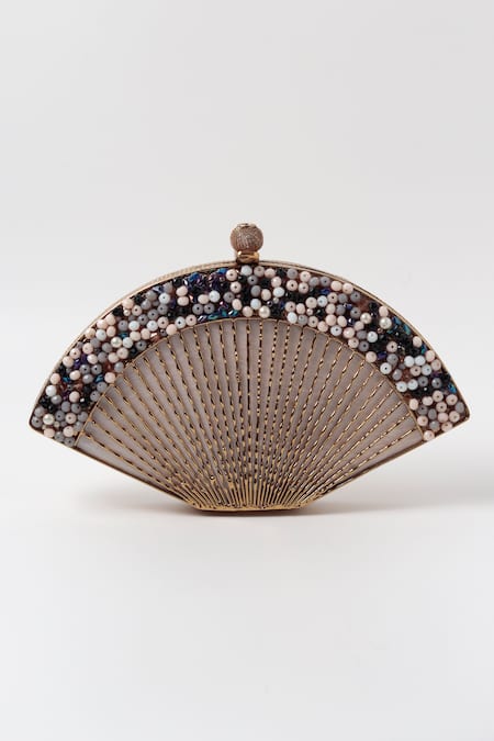 The Tan Clan_Gold Beads Faiza Embellished Mother Of Pearl Clutch _Online_at_Aza_Fashions
