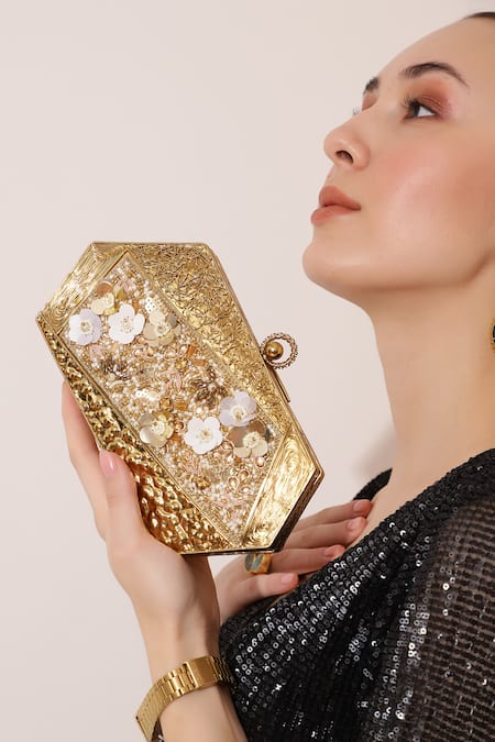 The Tan Clan_Gold Sequins, Beads Fatima Embellished Clutch _Online_at_Aza_Fashions