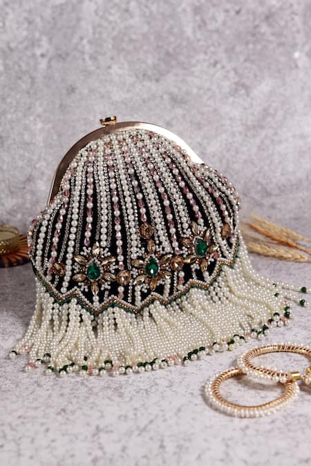 Shop The Tan Clan Black Crystal Frida Pearl Embellished Clutch at Aza Fashions Shop_The Tan Clan_Black Crystal Frida Pearl Embellished Clutch _at_Aza_Fashions