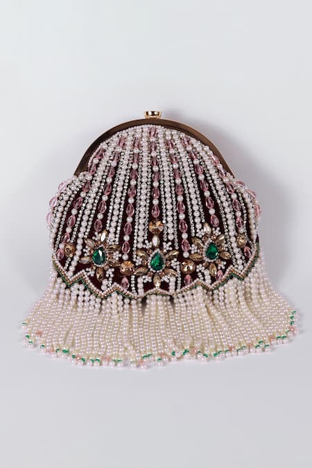 Shop The Tan Clan Maroon Embroidery, Pearls Frida Stripe Embellished Batua Bag at Aza Fashions Shop_The Tan Clan_Maroon Embroidery, Pearls Frida Stripe Embellished Batua Bag _at_Aza_Fashions