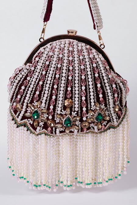 The Tan Clan Maroon Embroidery, Pearls Frida Stripe Embellished Batua Bag Online at Aza Fashions The Tan Clan_Maroon Embroidery, Pearls Frida Stripe Embellished Batua Bag _Online_at_Aza_Fashions