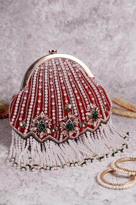 Shop The Tan Clan Red Crystals, Pearls Frida Velvet Embellished Batua Bag at Aza Fashions Shop_The Tan Clan_Red Crystals, Pearls Frida Velvet Embellished Batua Bag _at_Aza_Fashions