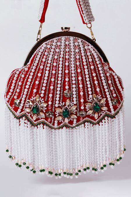 The Tan Clan Red Crystals, Pearls Frida Velvet Embellished Batua Bag Online at Aza Fashions The Tan Clan_Red Crystals, Pearls Frida Velvet Embellished Batua Bag _Online_at_Aza_Fashions