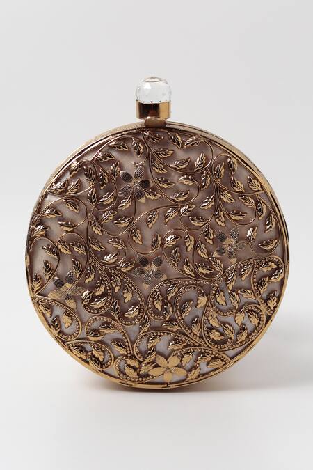 The Tan Clan_Gold Embroidery Gazal Leaf Carved Clutch _Online_at_Aza_Fashions