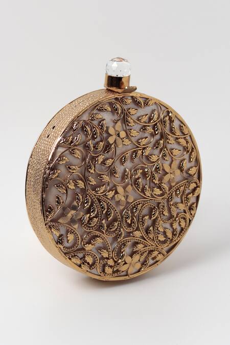 Buy_The Tan Clan_Gold Embroidery Gazal Leaf Carved Clutch _Online_at_Aza_Fashions