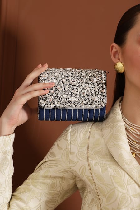 The Tan Clan_Blue Rhinestones, Beads Grace And Embellished Clutch _Online_at_Aza_Fashions