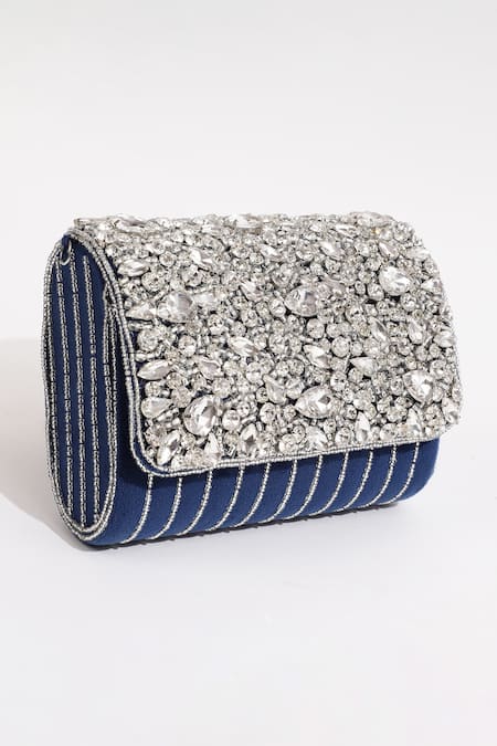 Shop_The Tan Clan_Blue Rhinestones, Beads Grace And Embellished Clutch _Online_at_Aza_Fashions