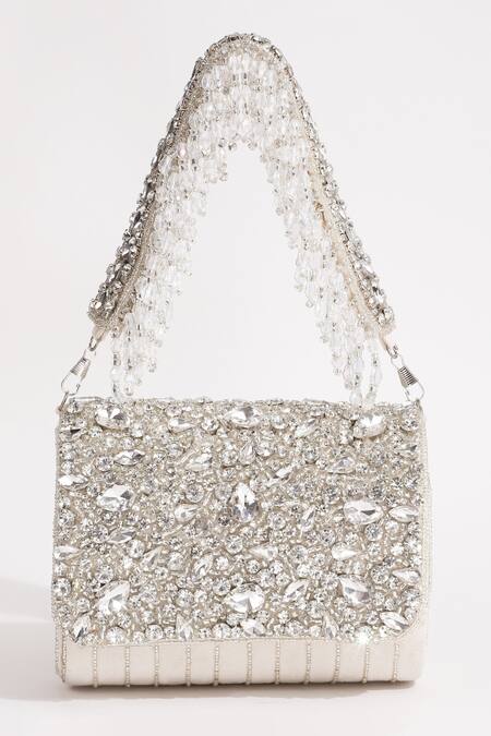 The Tan Clan_White Embellished Grace Bead Clutch _Online_at_Aza_Fashions