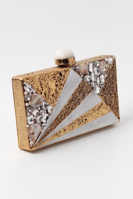 The Tan Clan_Gold Crystals, Pearls Iqra Mother Of Embellished Clutch _Online_at_Aza_Fashions